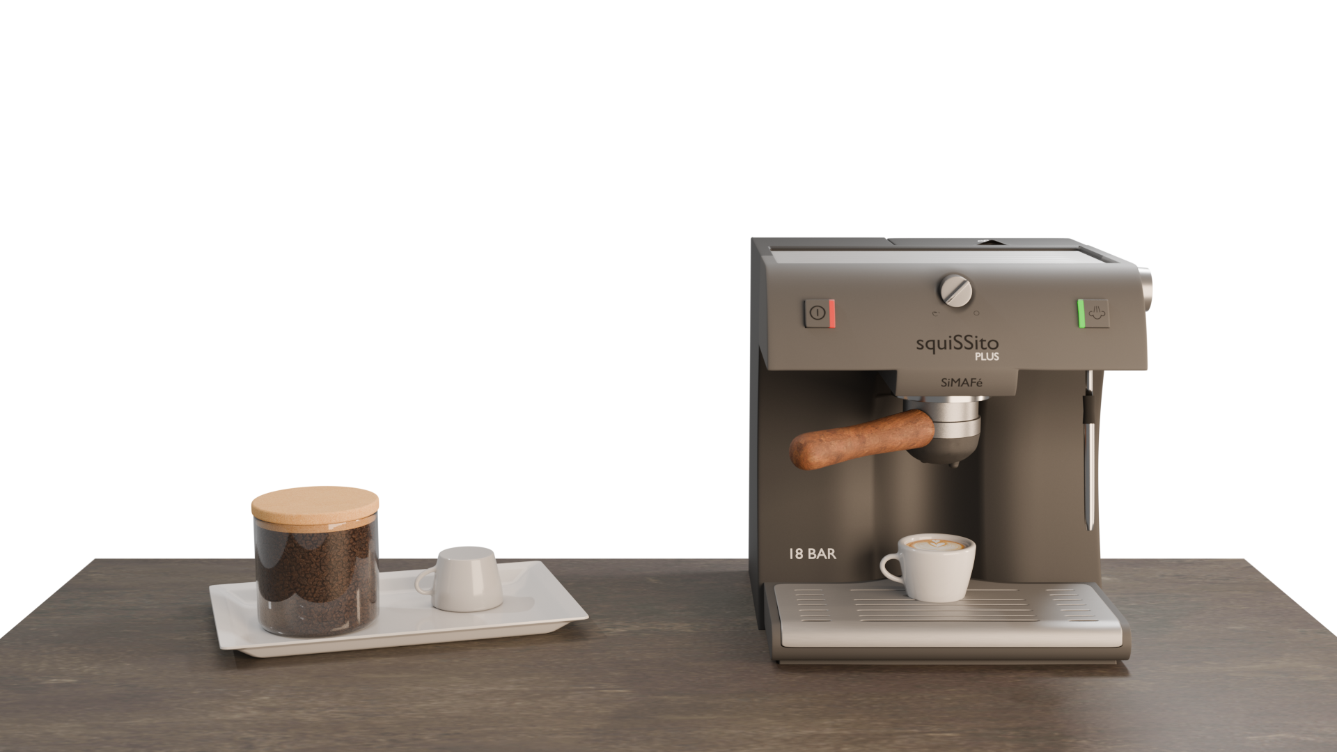 3D-Modell einer Kaffeemaschine auf einem Tisch - Beispiel für realistische Produktvisualisierung